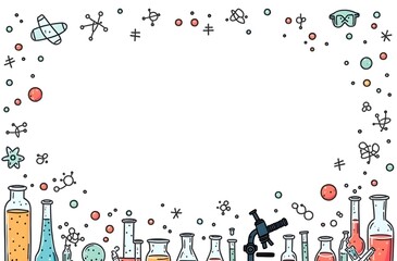 Obraz premium Science lab background with microscopes, beakers, test tubes, formulas, atoms and goggles forming educational cartoon doodle frame