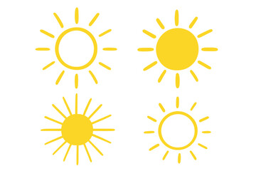 Set of 4 Hand Drawn Sun Icons, Summer Sunlight Collection, Yellow Sunburst, Nature Light Rays, Weather Symbol, Sunshine Logo, Sky Vector Illustration