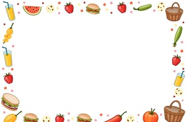 Fototapeta premium Picnic-themed background with basket, fruits, sandwiches, cloth, and drinks forming cozy cartoon doodle frame on soft outdoor tone