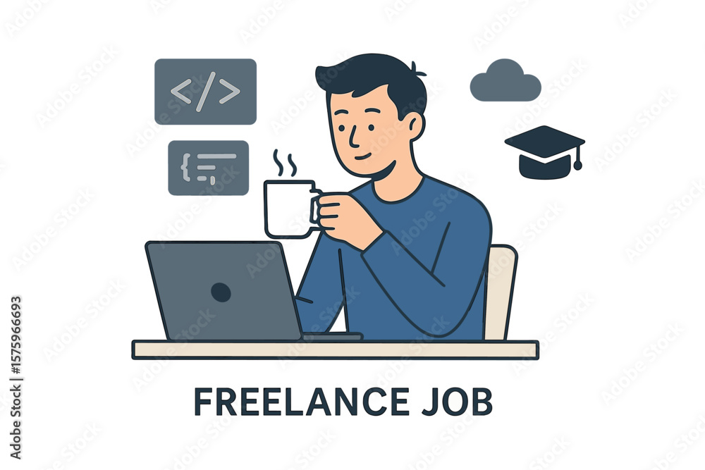 Poster man freelancer at desk working on laptop, drinking coffee. freelance job concept. developing program