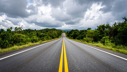 Naklejka premium Wide-Angle View of Straight Empty Road with Bright Yellow Center Line under Clear Sky