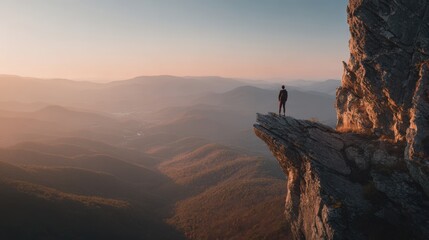 Fototapeta premium Travel influencer standing at mountain cliff edge with scenic view