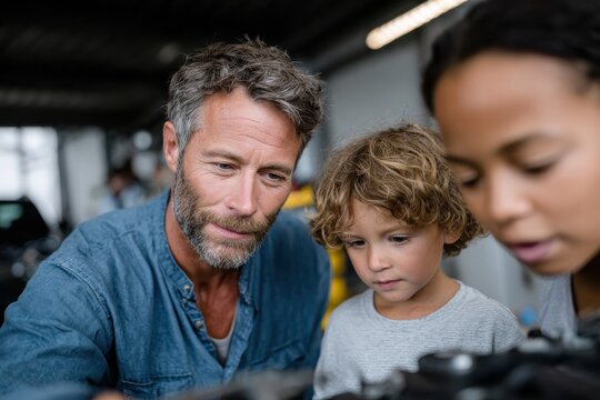 A father and child observe and learn together about automotive mechanics, showcasing the value of mentorship and the joy of discovery in a workshop environment.