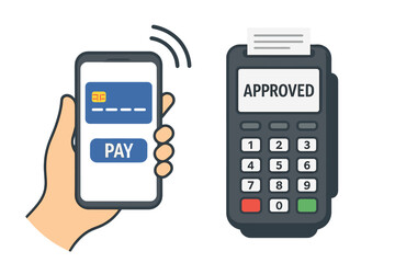 Contactless mobile payment with smartphone and credit card. Wireless NFC transaction at POS terminal. Electronic wallet, approved receipt, digital shopping, secure cashless finance