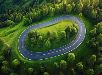 Beautiful, winding asphalt road in the mountains, with a green forest and meadow in the background. Summertime. Beautiful natural landscape of northern Italy. Panorama. Stock photo contest winner, pho