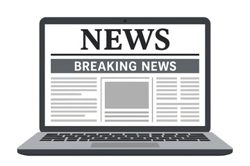 Online newspaper on laptop screen. Digital news website interface. Breaking news headline. Reading daily or weekly news, information updates, events, activities on computer display