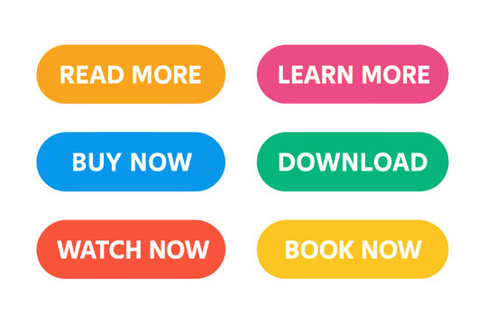 Modern Colorful Call to Action Buttons Set – Read More, Learn More, Buy Now, Download, Watch Now, Book Now, Trendy Rounded Flat Design, Transparent Background