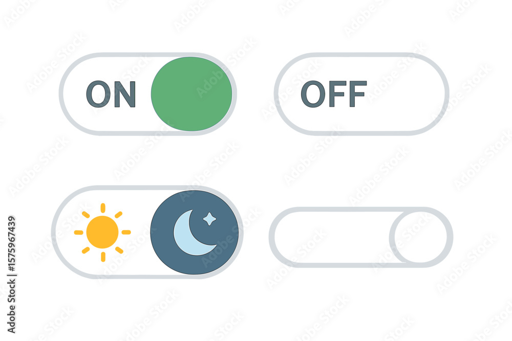 Poster toggle switch buttons set. on off slider icons. day night mode switch. sun moon interface elements. 