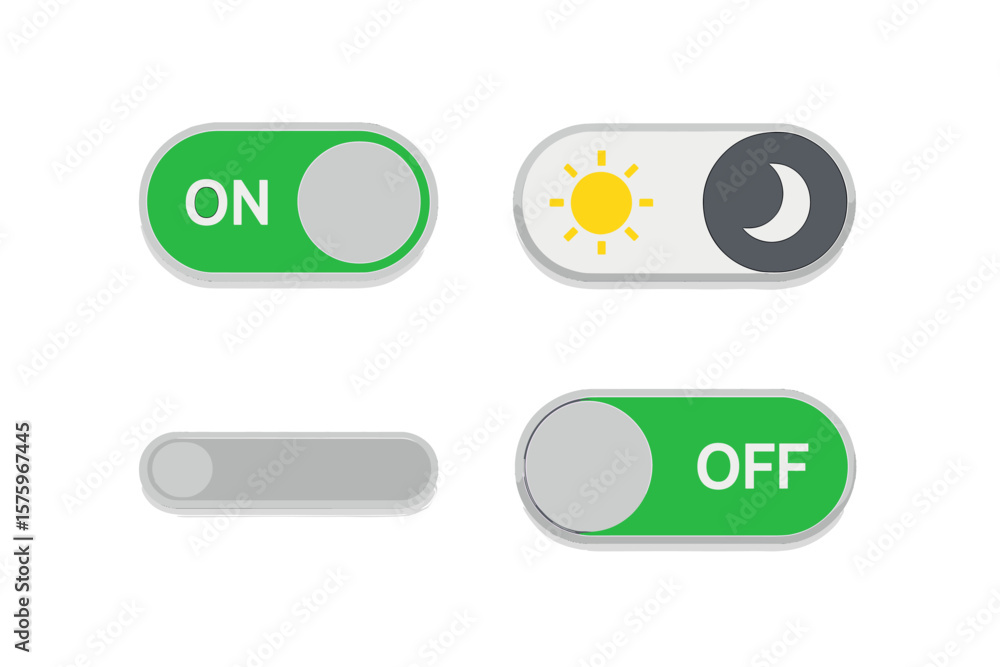 Poster toggle switch buttons set. on off slider icons. day night mode switch. sun moon symbol. ui ux interf