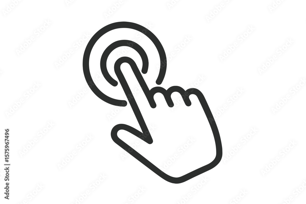 Poster Hand Click Cursor Icon. Touch Screen Pointer. Tap Gesture Symbol. Click Here Button. Interactive Web Element. Buy, Register, Website Link. Digital User Interface. Vector Illustration