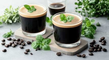 Two Elegant Glasses of Coffee Surrounded by Fresh Green Leaves on Wood