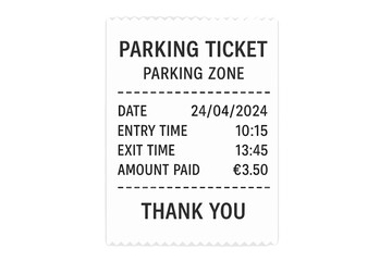 Parking ticket vector template. Paper parking receipt from ticket machine. Parking zone payment proof. Car parking entry and exit time. Price paid. Automated payment station concept