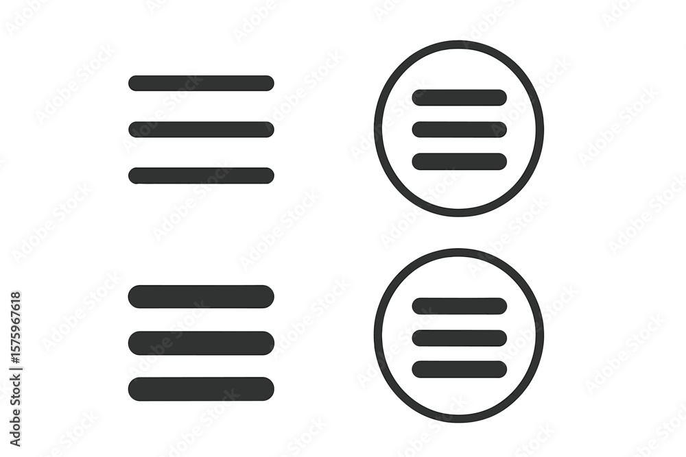 Poster hamburger menu icon set. four flat ui navigation symbols. rounded and square button styles. minimali