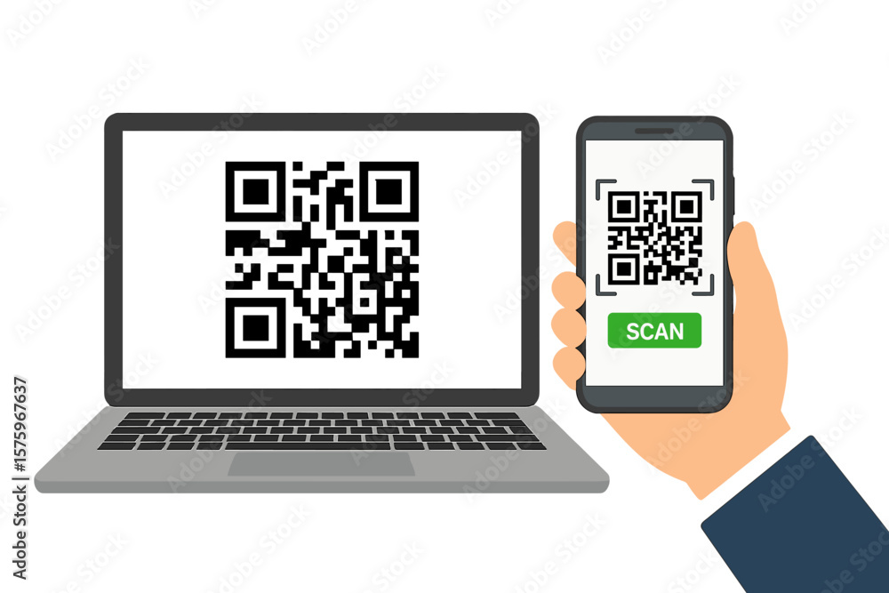 Poster qr code scanning with smartphone on laptop screen. digital barcode reader technology. mobile authent