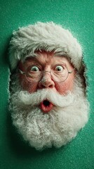 Excited Santa Claus with snowflakes on green background during winter holiday season