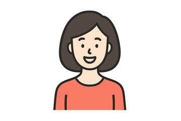 Smiling Woman Avatar. Happy Female Character. Cartoon Portrait. Friendly Young Woman with Brown Hair. Simple Flat Style. Isolated Vector Illustration. Red Shirt. Positive Expression. User Profile Icon