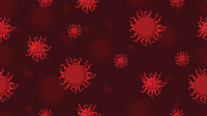 Virus pixel art pattern. Pandemic digital wallpaper with pixelated microbes. 8 bit disease or infection cells, retro game art microbiology seamless vector background illustration.