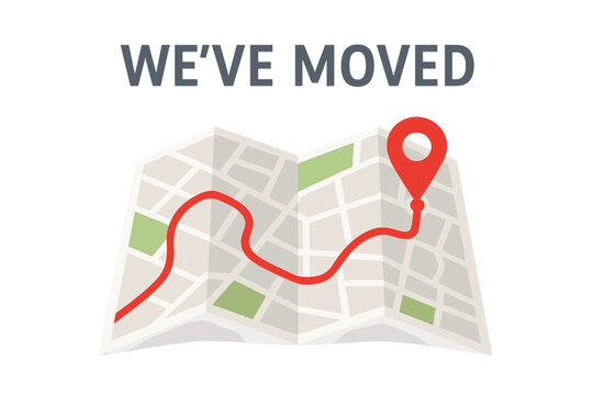 We've Moved Announcement Vector – Folded City Map with Route, Red Pin Location Marker, Change of Address, New Office Relocation, Navigation, Moving Notice, Urban Streets, Business Update