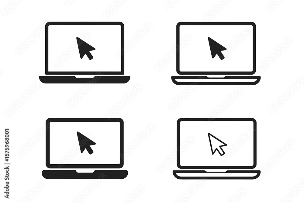 Poster laptop computer monitor icons set with cursor pointer, notebook screen, mouse arrow symbol, minimali