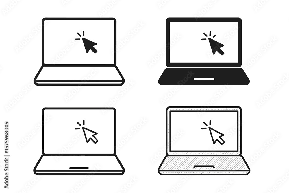 Aufkleber set of 4 laptop vector icons in multiple styles with mouse pointer cursor, notebook and computer mon