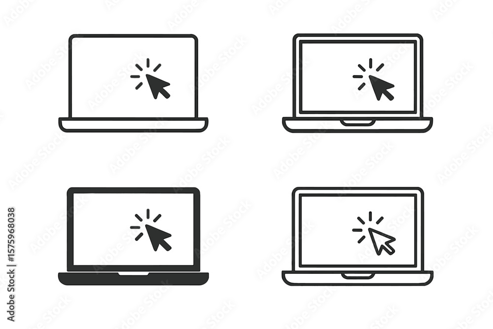 Fototapete Laptop Computer Icon Set with Mouse Cursor Click, Notebook Monitor, Web Pointer Symbol, Digital Device, UI Click Action, Graphic Design Resource, Technology Illustration
