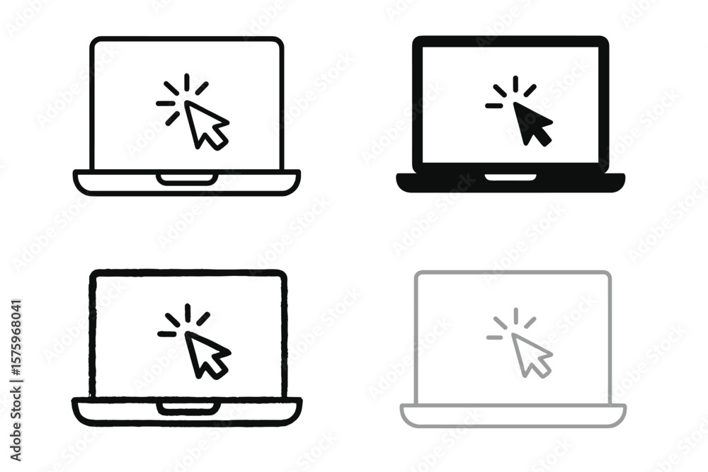 Aufkleber laptop computer cursor click icon set. four notebook monitor vector icons in modern, outline, hand-d