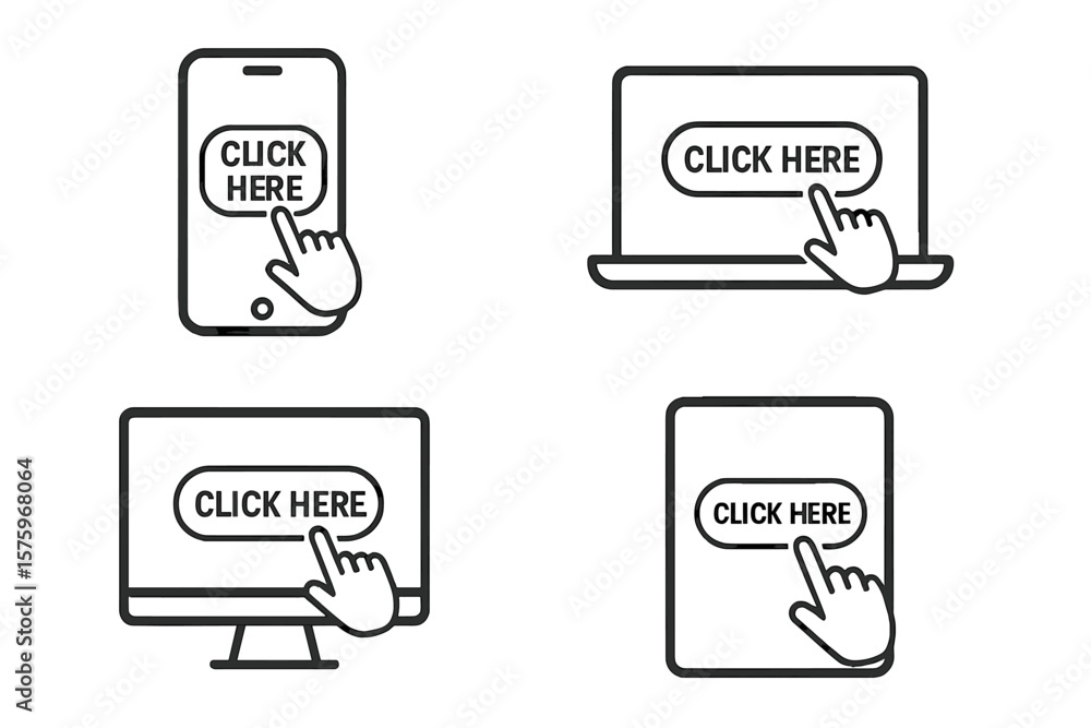 Poster click here button icons set for smartphone, laptop, computer, tablet. hand cursor touch symbol. web 