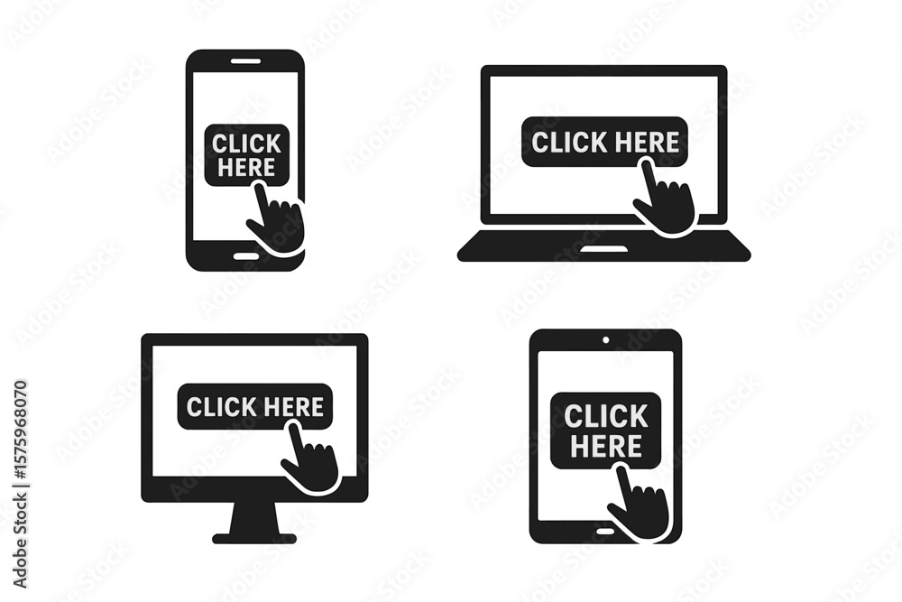Poster click here button icons set for smartphone, laptop, computer, tablet. hand cursor touch symbol. devi