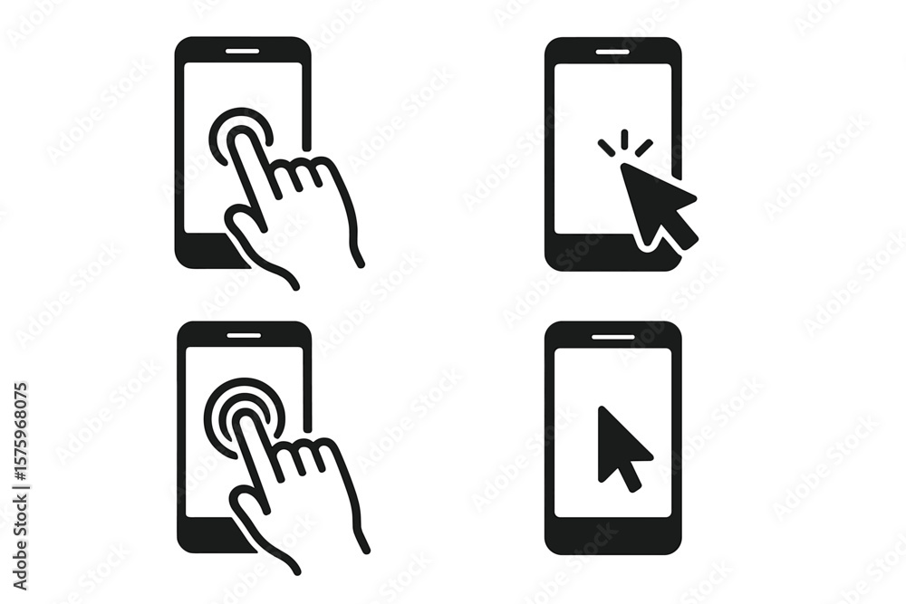 Poster smartphone touch screen icon set. hand tapping, finger pressing, clicking, cursor pointer, mobile de