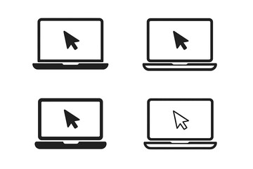 Laptop Computer Monitor Icons Set with Cursor Pointer, Notebook Screen, Mouse Arrow Symbol, Minimalist Device, Black and White, User Interface, Web Design Elements