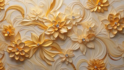 Golden Floral Elegance with Diamond Accents on an Ornate Textured Background, Luxe Floral Wall Decor with Sparkling Gemstones and Elegant Swirls