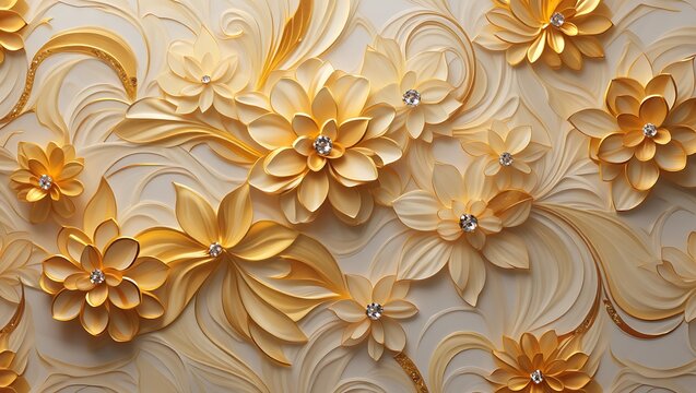 Fototapeta Golden Floral Elegance with Diamond Accents on an Ornate Textured Background, Luxe Floral Wall Decor with Sparkling Gemstones and Elegant Swirls