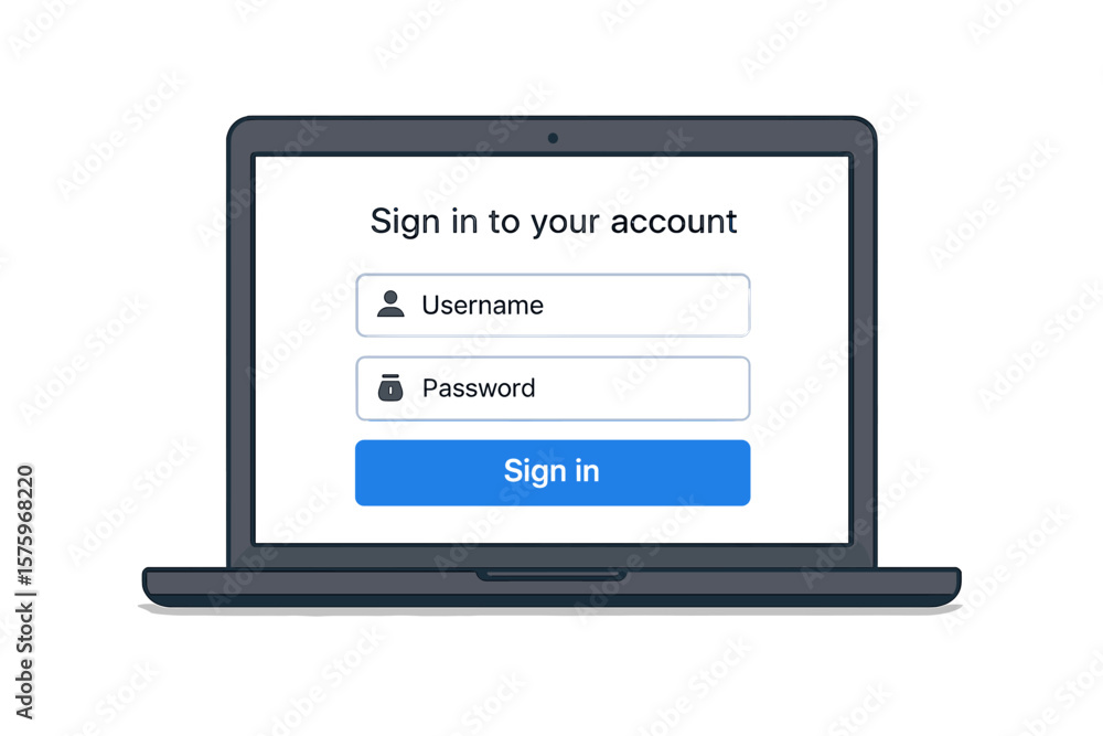Fototapete Secure Login Page Vector Illustration. User Authentication Form on Laptop Screen. Username Password Input Fields. Modern Web Sign In Interface. Data Privacy, Account Access, Authorization Concept