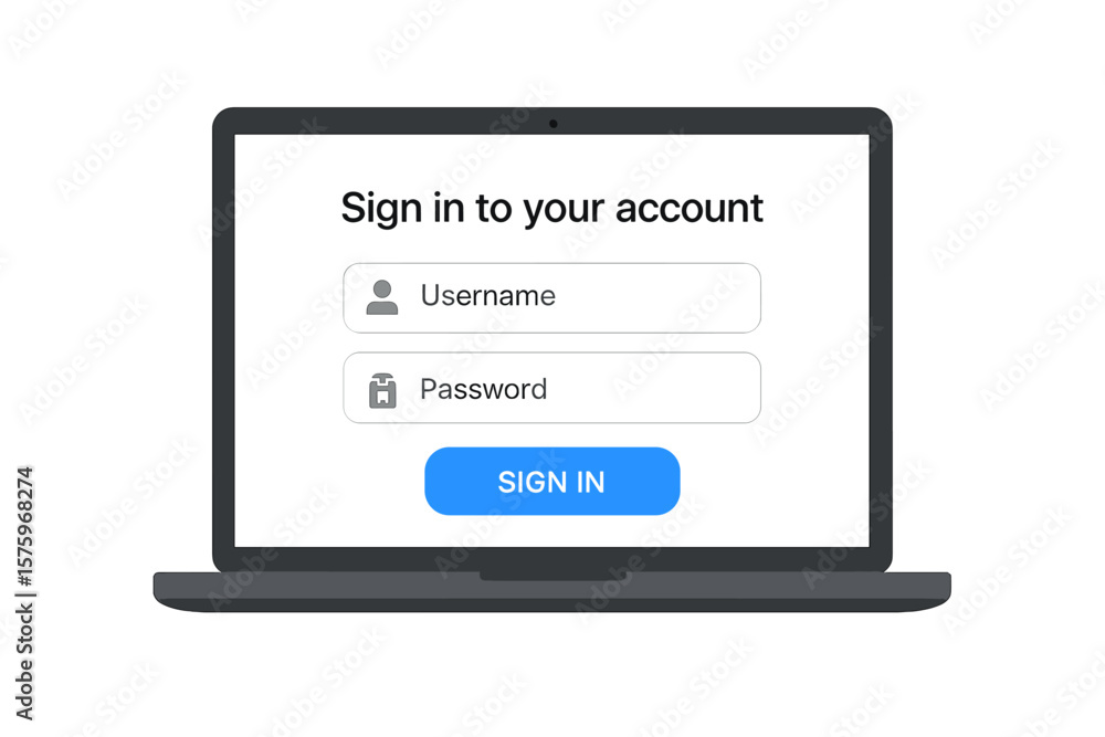 Aufkleber Secure Login Page Interface. User Authentication Form on Laptop Screen. Username and Password Entry Fields. Sign In Button. Online Account Access. Vector Illustration for Web and App UI Design