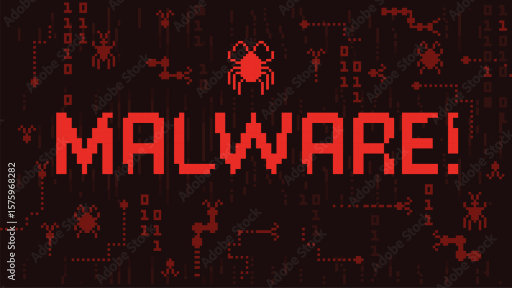 Fototapete malware alert pixel art screen. computer virus warning, pixelated cybersecurity threat notification 