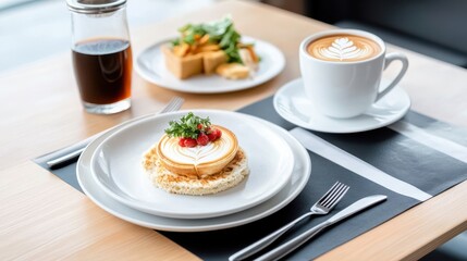 Delicious Plate of Gourmet Food Accompanied by Aromatic Coffee Cup