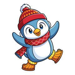Cute cartoon penguin wearing winter hat, scarf, and boots