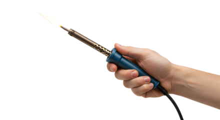 Holding Soldering Iron Tool Emitting Heat with Blue Handle Close Up