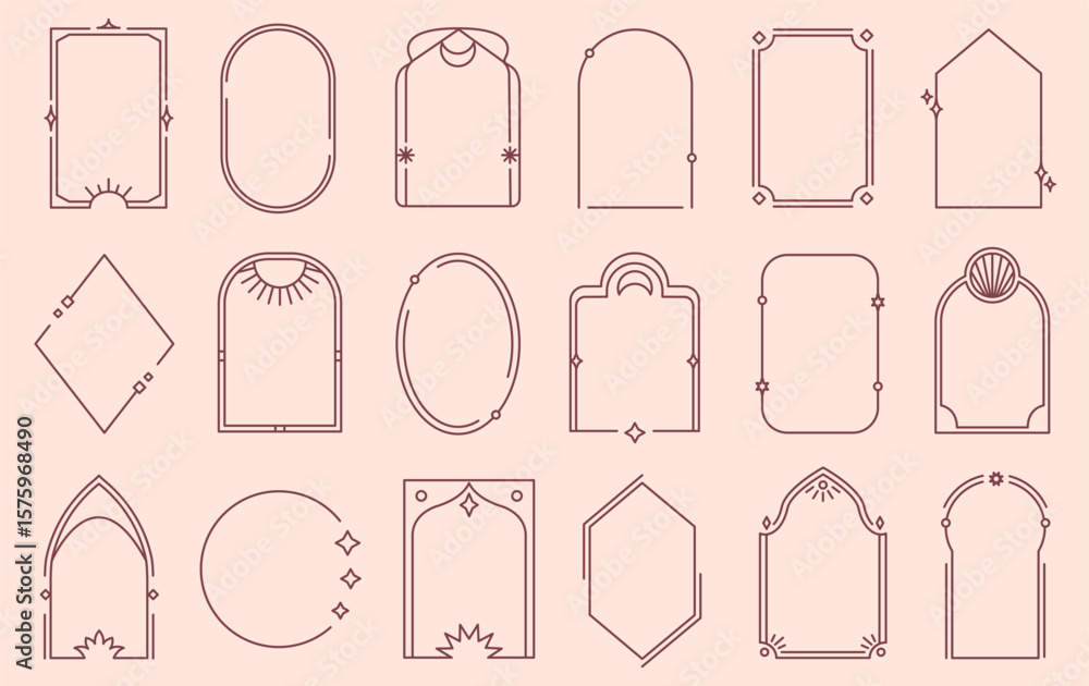 Poster linear boho frames. minimalist geometric line art borders in rectangular, oval, arched and diamond s