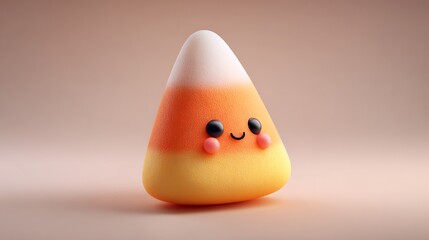 A cute cartoon candy corn with a smiling face on a light brown background in a studio setting