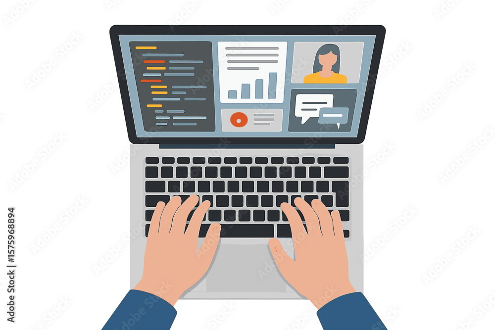 Poster top view hands typing on laptop computer, coding, programming, financial report analysis, online edu