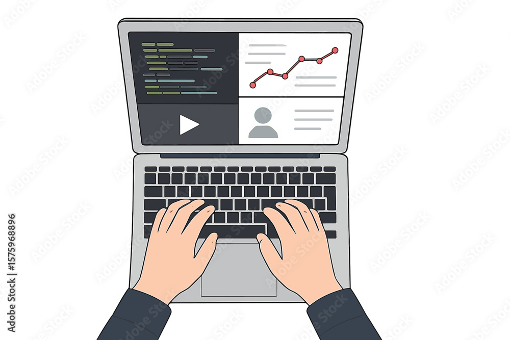 Poster top view hands typing laptop computer. coding programming, financial report planning, online educati