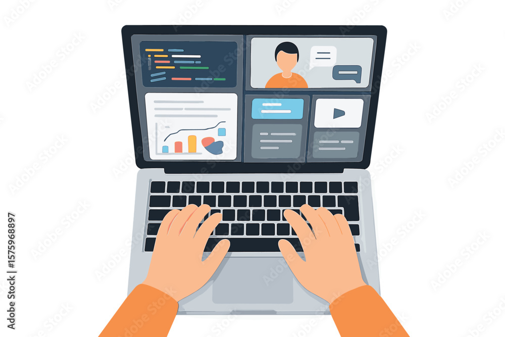 Poster top view hands typing laptop computer. online work, coding, programming, financial report planning, 