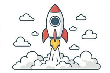 Cartoon rocket launch vector illustration. Startup business concept. Rocket flying through clouds. New project start. Innovation, creativity, success, leadership, growth, ambition.