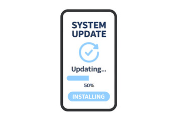 System update progress bar on smartphone screen. Software update installation process. Downloading improvement version. Mobile device firmware upgrade. Installing concept vector