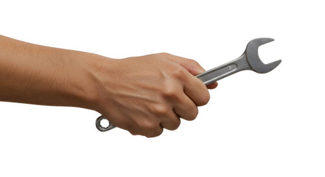 Hand holding wrench tool for tightening on isolated white background