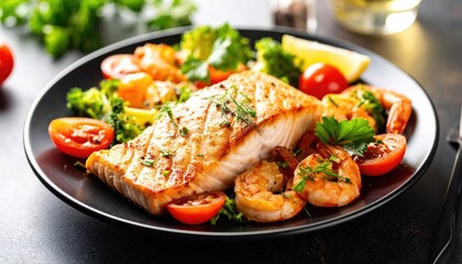 Grilled Salmon with Shrimp and Veggies