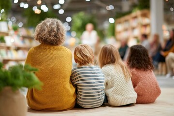 Children and elderly woman enjoying storytime in cozy library setting