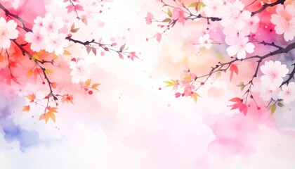 Obraz premium Watercolor cherry blossom background with delicate pink floral branches and soft gradients