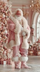 Festive Santa Claus in pink attire stands proudly beside a beautifully decorated Christmas tree